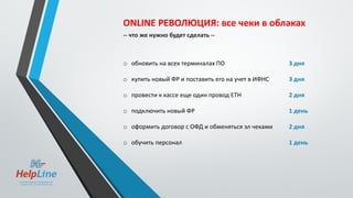 ONLINE РЕВОЛЮЦИЯ: все чеки в облаках
-- что же нужно будет сделать --
o обновить на всех терминалах ПО
o купить новый ФР и поставить его на учет в ИФНС
o провести к кассе еще один провод ETH
o подключить новый ФР
o оформить договор с ОФД и обменяться эл чеками
o обучить персонал
3 дня
3 дня
2 дня
1 день
2 дня
1 день
 