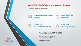 ONLINE РЕВОЛЮЦИЯ: все чеки в облаках
-- почему мы этим занялись --
15 лет автоматизируем
HoReCa
5 000 объектов
запустили
сервис 24*7
7 000 заявок в месяц
3 500 касс
на обслуживании
#мы_пережили_ЕГАИС_2016
#нам_не_все_равно
#HelpLine54фз
 