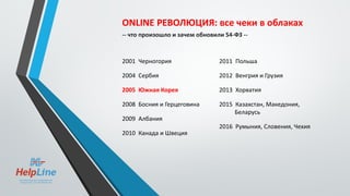 ONLINE РЕВОЛЮЦИЯ: все чеки в облаках
-- что произошло и зачем обновили 54-ФЗ --
2001 Черногория
2004 Сербия
2005 Южная Корея
2008 Босния и Герцеговина
2009 Албания
2010 Канада и Швеция
2011 Польша
2012 Венгрия и Грузия
2013 Хорватия
2015 Казахстан, Македония,
Беларусь
2016 Румыния, Словения, Чехия
 
