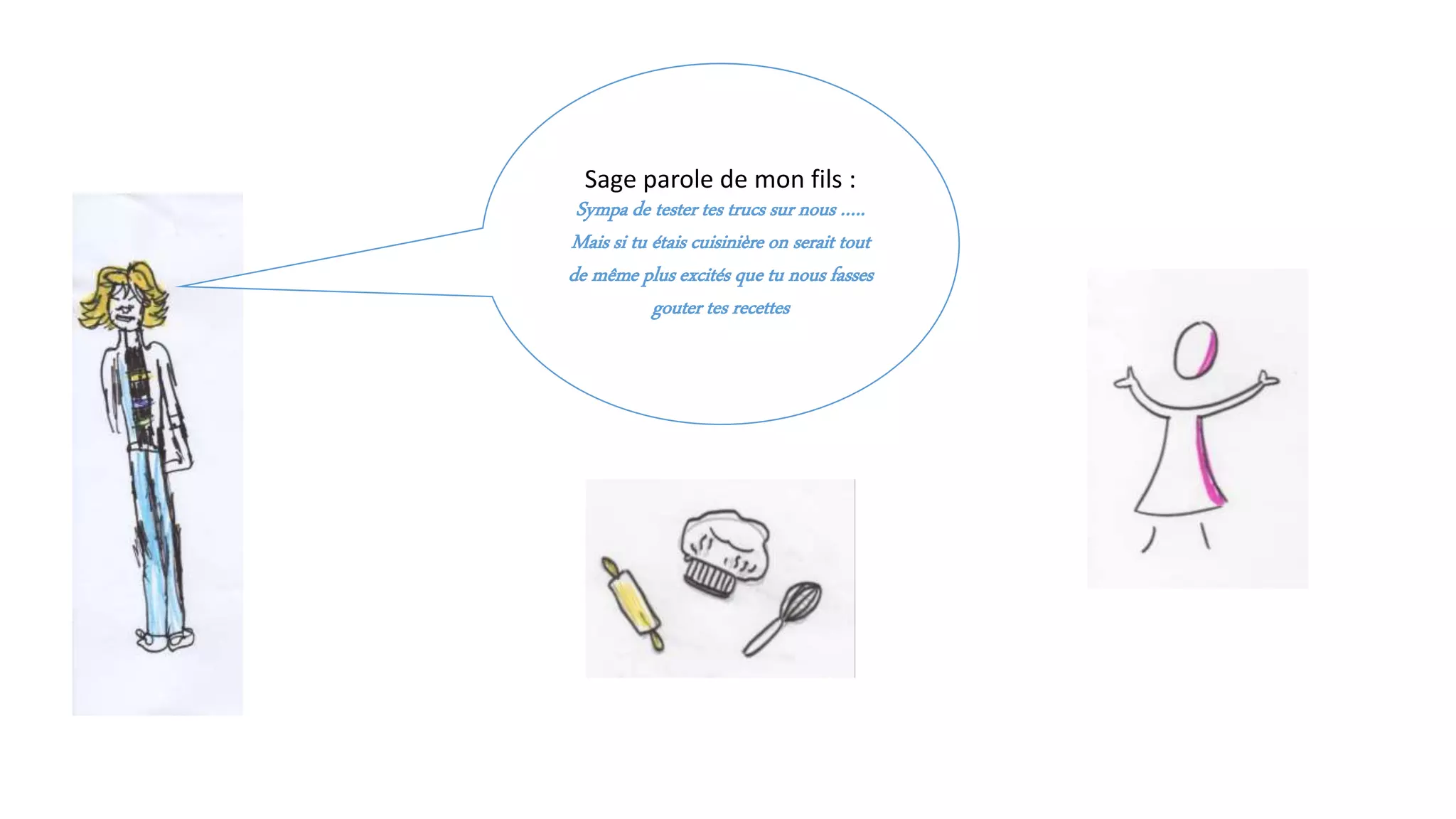 Sage parole de mon fils :
Sympa de tester tes trucs sur nous …..
Mais si tu étais cuisinière on serait tout
de même plus excités que tu nous fasses
gouter tes recettes