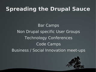 Spreading the Drupal Sauce Bar Camps Non Drupal specific User Groups Technology Conferences Code Camps Business / Social Innovation meet-ups 