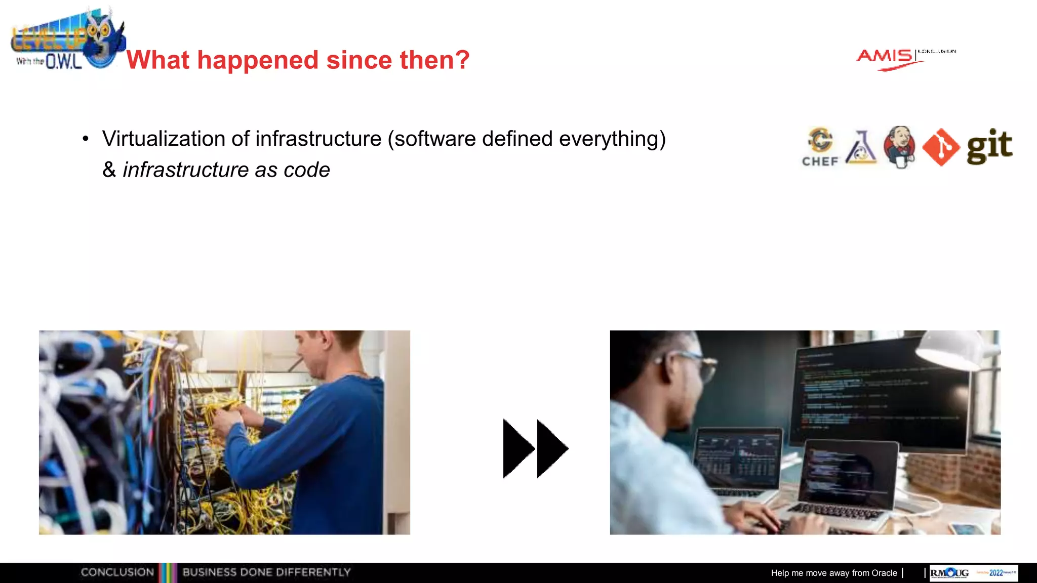 Classificatie: Public
Publiek
What happened since then?
• Virtualization of infrastructure (software defined everything)
& infrastructure as code
Help me move away from Oracle
 