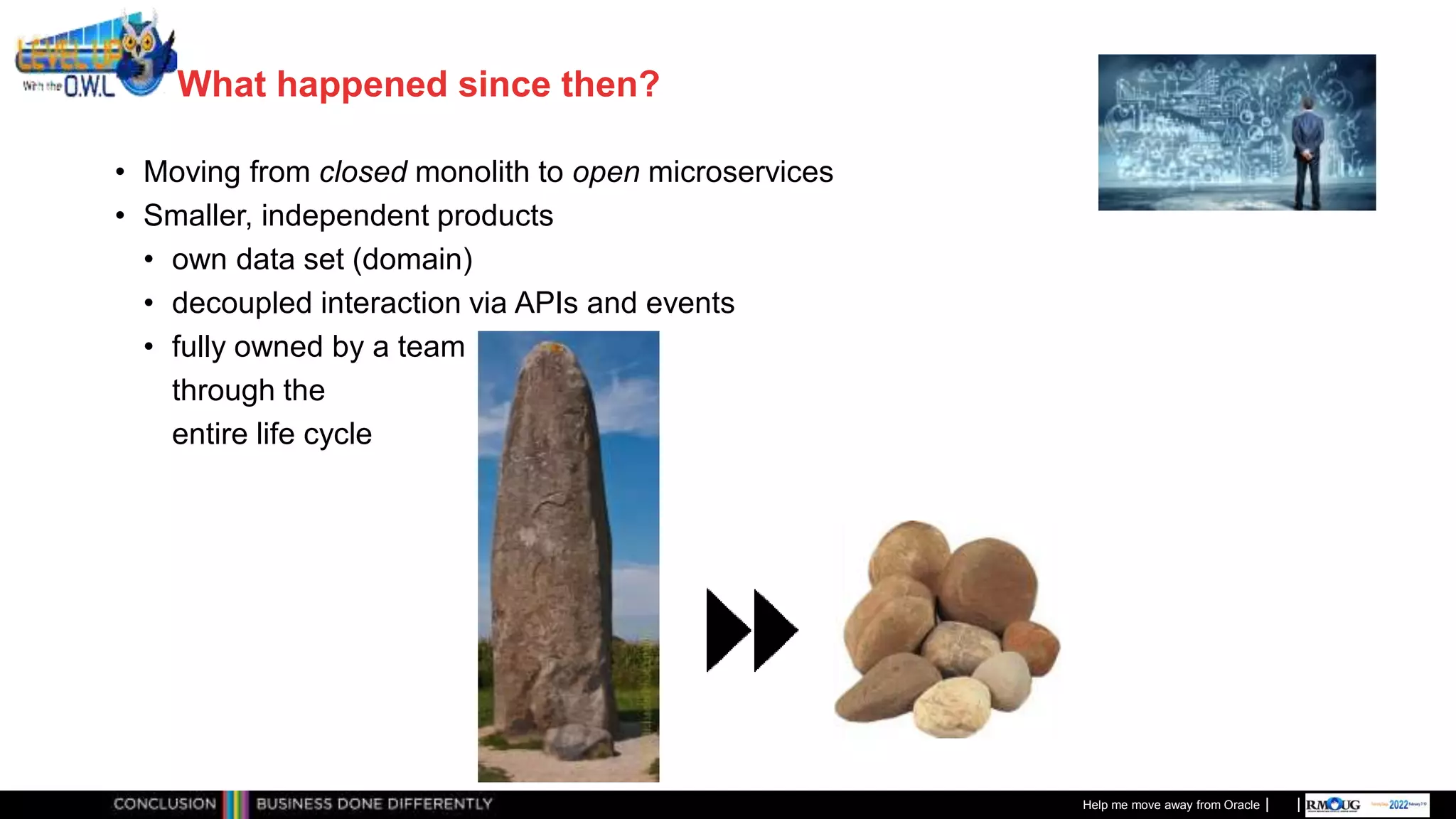Classificatie: Public
Publiek
What happened since then?
• Moving from closed monolith to open microservices
• Smaller, independent products
• own data set (domain)
• decoupled interaction via APIs and events
• fully owned by a team
through the
entire life cycle
Help me move away from Oracle
 