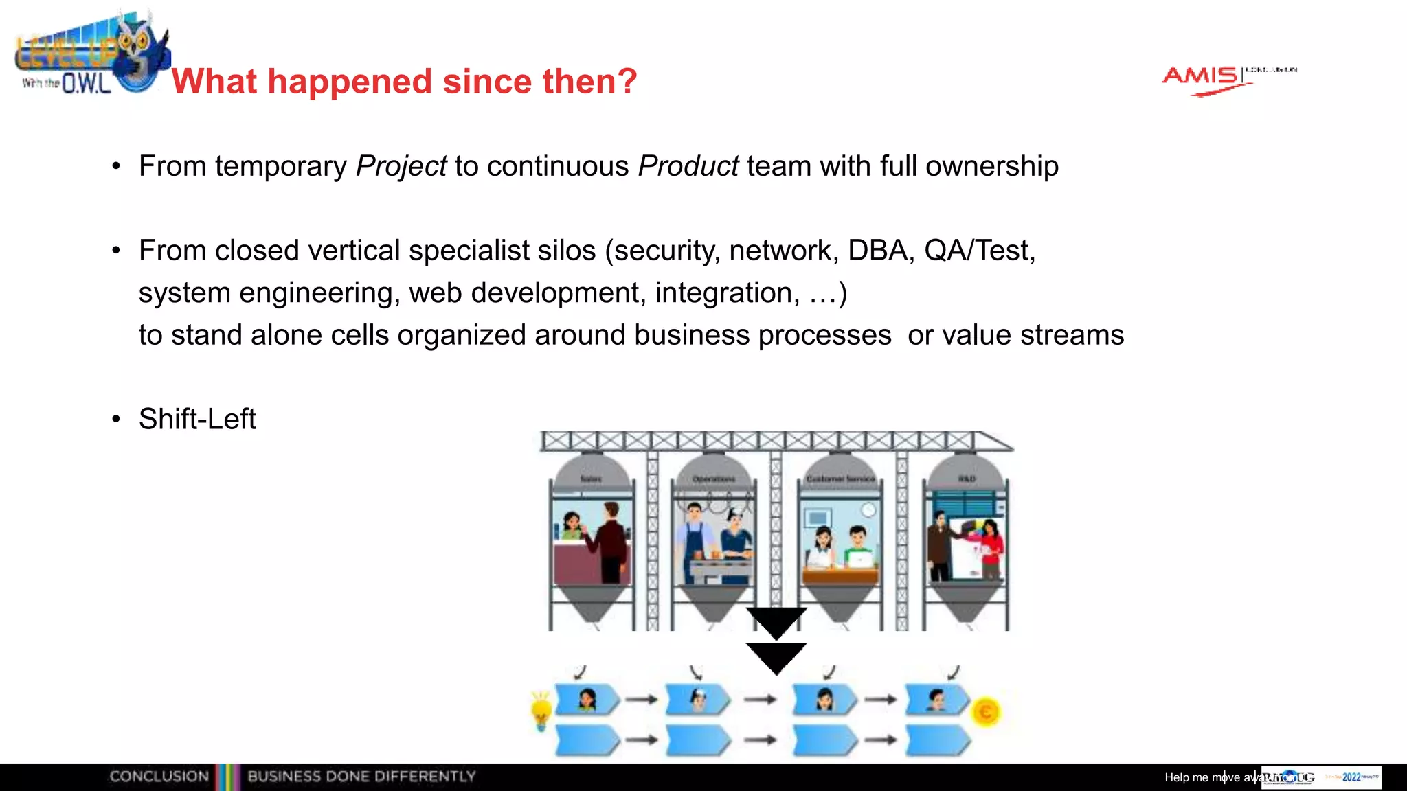 Classificatie: Public
Publiek
What happened since then?
• From temporary Project to continuous Product team with full ownership
• From closed vertical specialist silos (security, network, DBA, QA/Test,
system engineering, web development, integration, …)
to stand alone cells organized around business processes or value streams
• Shift-Left
Help me move away from Oracle
 