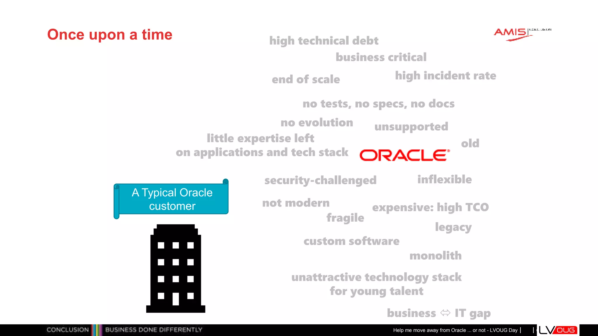 Classificatie: Public
Publiek
Once upon a time
Help me move away from Oracle ... or not - LVOUG Day
A Typical Oracle
customer
high incident rate
not modern
legacy
business critical
custom software
end of scale
little expertise left
on applications and tech stack
fragile
no tests, no specs, no docs
expensive: high TCO
high technical debt
no evolution
monolith
unattractive technology stack
for young talent
unsupported
inflexible
security-challenged
business  IT gap
old
 
