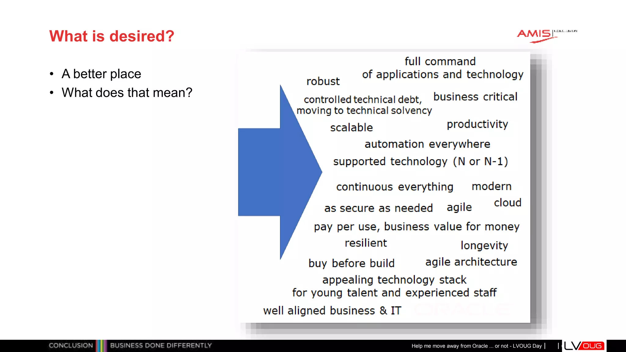Classificatie: Public
Publiek
What is desired?
• A better place
• What does that mean?
Help me move away from Oracle ... or not - LVOUG Day
 