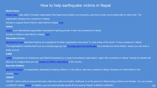 63
How to help earthquake victims in Nepal
World Vision
World Vision calls itself a Christian organization that helps bring children out of poverty, and tries to build communities with its relief work. The
organization already has a presence in Nepal.
Donate to support World Vision's relief efforts in Nepal, here.
Oxfam
Oxfam is an international organization dedicated to fighting poverty. It also has a presence in Nepal.
Donate to Oxfam's relief efforts in Nepal, here.
Samaritan's Purse
Samaritan's Purse describes itself as an evangelical Christian organization that works "in crisis areas of the world." It has a presence in Nepal.
The organization's website hasn't put up a donate page yet, but this page about the earthquakehas a donate box at the bottom, where you can enter a
dollar amount.
CARE
CARE (Cooperative for Assistance and Relief Everywhere) is a large humanitarian organization, again with a presence in Nepal. Visiting its website will
take you to a page where you can donate to CARE's relief efforts in the country.
Save the Children
Save the Children, an organization dedicated to helping children in 120 nations, also has a network in Nepal. Donate to its relief efforts in the
country, here.
UNICEF
UNICEF, which works to ensure that every child has a safe and healthy childhood, is on the ground in Nepal aiding children and families. You can donate
to UNICEF's efforts online. In addition, you can automatically donate $10 by texting "Nepal" to 864233 (UNICEF).
 