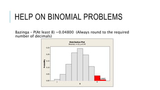 HELP ON BINOMIAL PROBLEMS
Bazinga – P(At least 8) =0.04800 (Always round to the required
number of decimals)
0.25
0.20
0.15
0.10
0.05
0.00
X
Probability
8
0.04800
1
Distribution Plot
Binomial, n=10, p=0.49
 