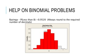 HELP ON BINOMIAL PROBLEMS
Bazinga – P(Less than 8) =0.9520 (Always round to the required
number of decimals)
0.25
0.20
0.15
0.10
0.05
0.00
X
Probability
7
0.9520
9
Distribution Plot
Binomial, n=10, p=0.49
 