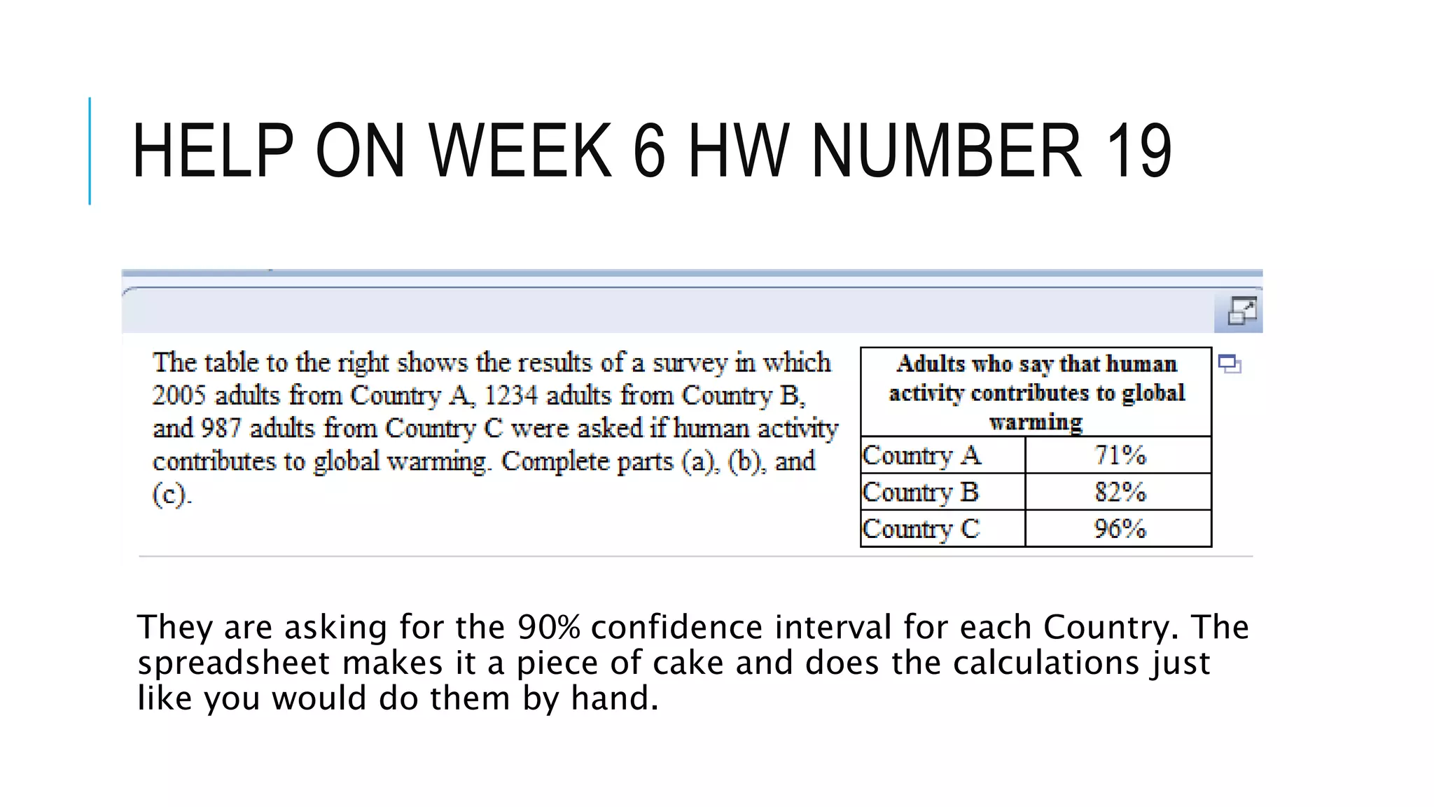 HELP ON WEEK 6 HW NUMBER 19
They are asking for the 90% confidence interval for each Country. The
spreadsheet makes it a piece of cake and does the calculations just
like you would do them by hand.
 