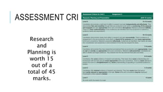 ASSESSMENT CRITERIA
Research
and
Planning is
worth 15
out of a
total of 45
marks.
 