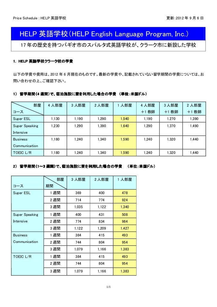 Help英語学校 Help English Language Program Inc 料金表