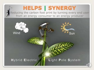 HELPS | SYNERGY
Reducing the carbon foot print by turning every end user
from an energy consumer to an energy producer
SunWind
Hybrid Electric Light Pole System
 