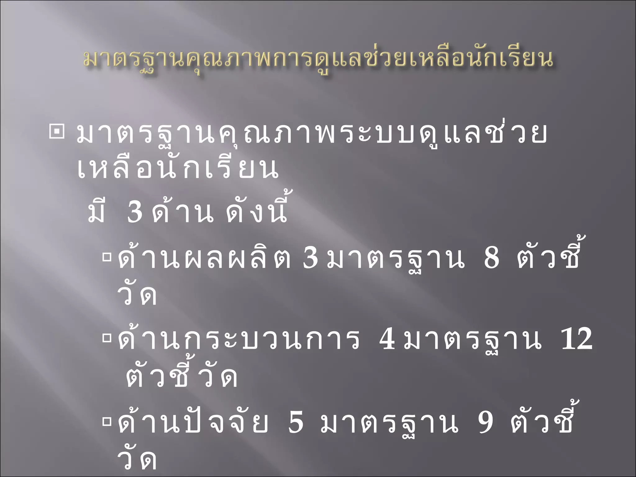 มาตรฐานคุณภาพระบบดูแลช่วยเหลือนักเรียน มี  3   ด้าน ดังนี้ ด้านผลผลิต  3  มาตรฐาน  8   ตัวชี้วัด ด้านกระบวนการ  4   มาตรฐาน  12   ตัวชี้วัด ด้านปัจจัย  5   มาตรฐาน  9   ตัวชี้วัด 