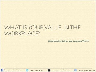 WHAT IS YOUR VALUE IN THE
WORKPLACE?
Understanding Self for the Corporate World.

facebook.com/karfei.cheah

twitter.com/karfei

about.me/karfei.cheah

karfei.cheah@gmail.com

 