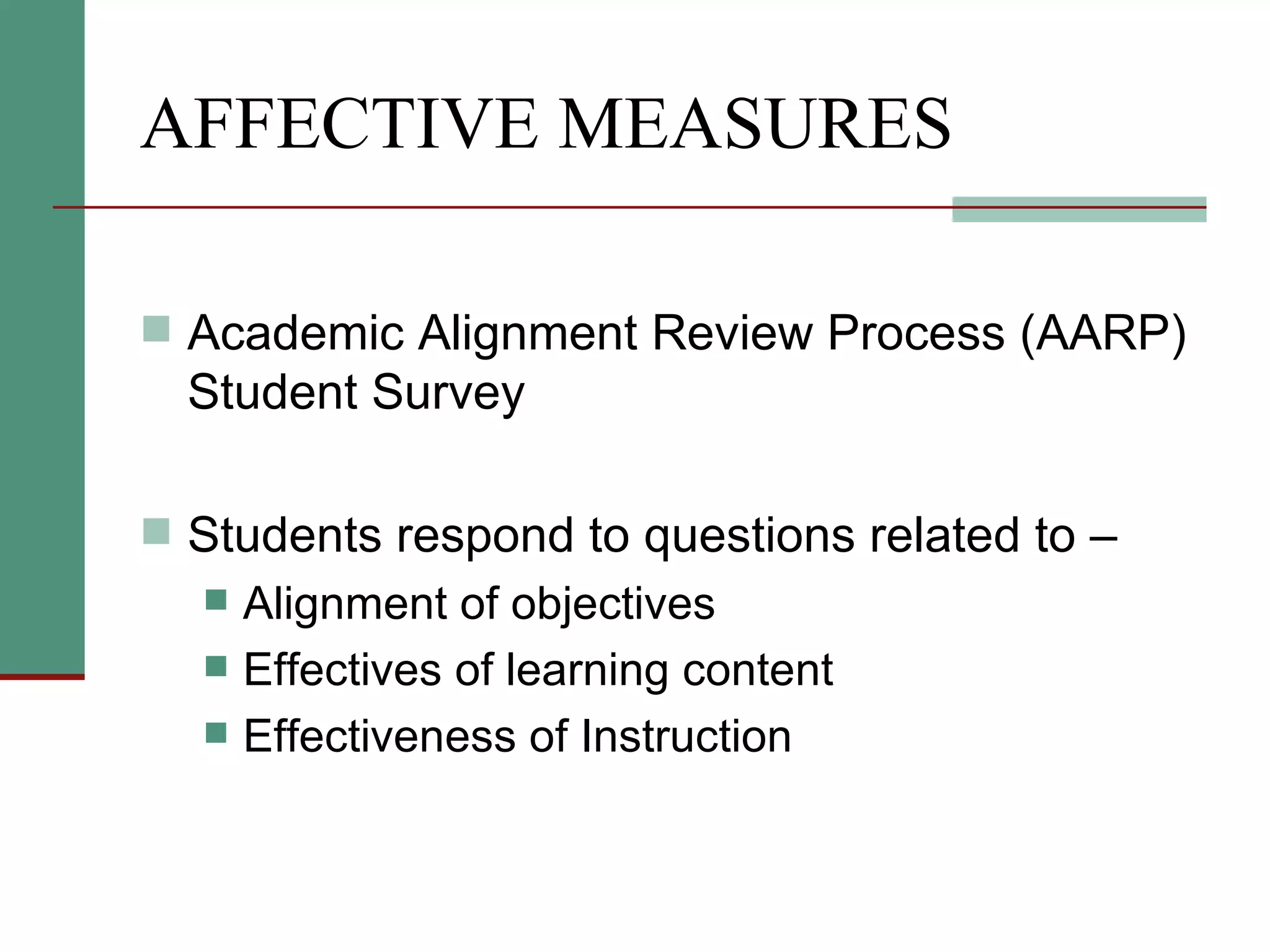 AFFECTIVE MEASURES Academic Alignment Review Process (AARP) Student Survey Students respond to questions related to –  Alignment of objectives Effectives of learning content Effectiveness of Instruction 