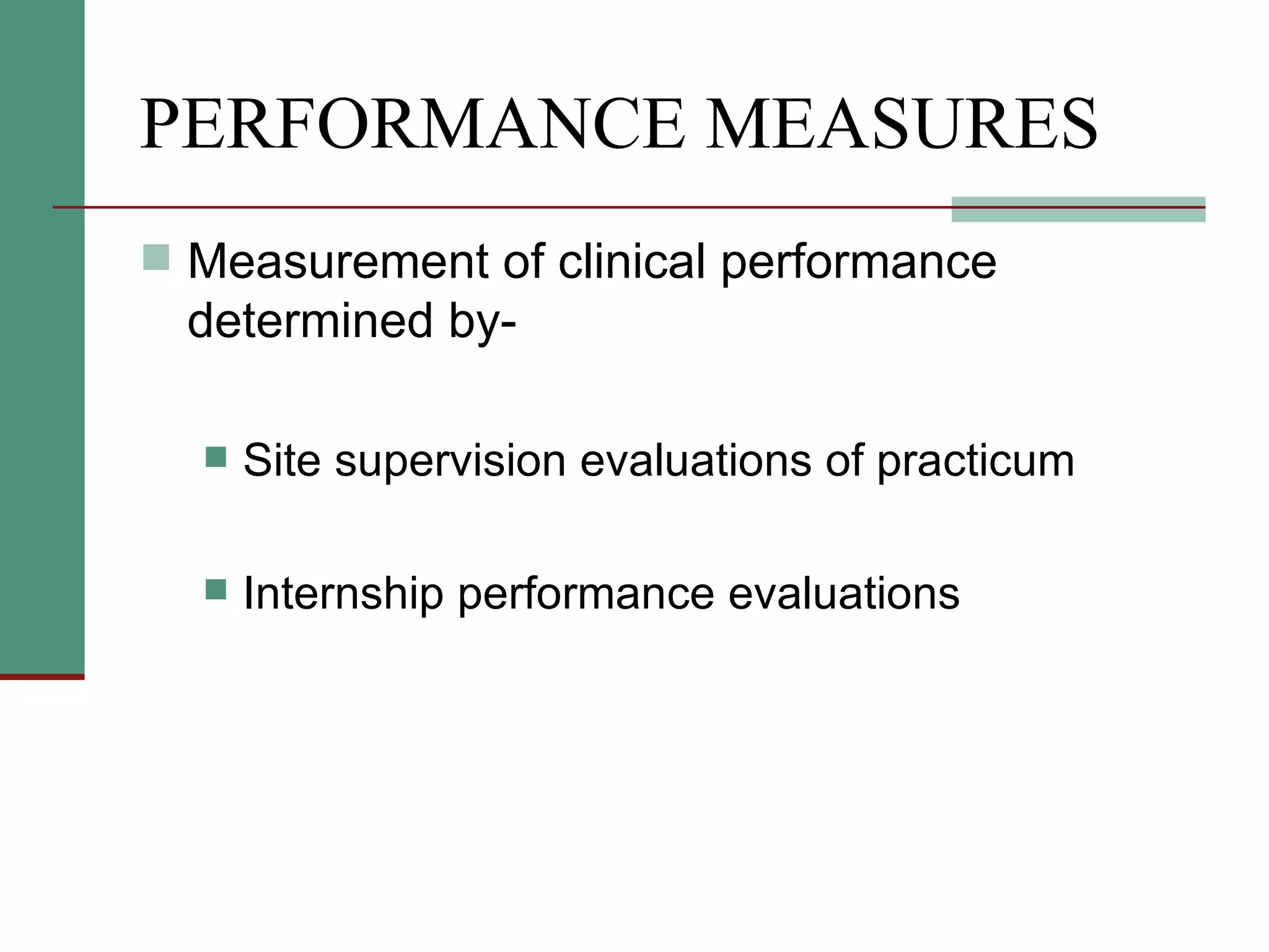 PERFORMANCE MEASURES Measurement of clinical performance determined by- Site supervision evaluations of practicum Internship performance evaluations 