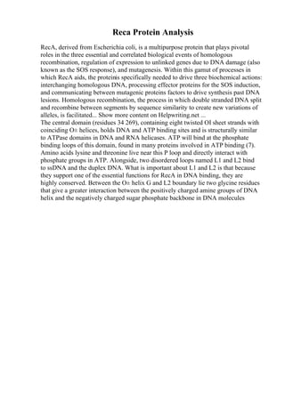 Reca Protein Analysis
RecA, derived from Escherichia coli, is a multipurpose protein that plays pivotal
roles in the three essential and correlated biological events of homologous
recombination, regulation of expression to unlinked genes due to DNA damage (also
known as the SOS response), and mutagenesis. Within this gamut of processes in
which RecA aids, the proteinis specifically needed to drive three biochemical actions:
interchanging homologous DNA, processing effector proteins for the SOS induction,
and communicating between mutagenic proteins factors to drive synthesis past DNA
lesions. Homologous recombination, the process in which double stranded DNA split
and recombine between segments by sequence similarity to create new variations of
alleles, is facilitated... Show more content on Helpwriting.net ...
The central domain (residues 34 269), containing eight twisted ОІ sheet strands with
coinciding О± helices, holds DNA and ATP binding sites and is structurally similar
to ATPase domains in DNA and RNA helicases. ATP will bind at the phosphate
binding loops of this domain, found in many proteins involved in ATP binding (7).
Amino acids lysine and threonine live near this P loop and directly interact with
phosphate groups in ATP. Alongside, two disordered loops named L1 and L2 bind
to ssDNA and the duplex DNA. What is important about L1 and L2 is that because
they support one of the essential functions for RecA in DNA binding, they are
highly conserved. Between the О± helix G and L2 boundary lie two glycine residues
that give a greater interaction between the positively charged amine groups of DNA
helix and the negatively charged sugar phosphate backbone in DNA molecules
 