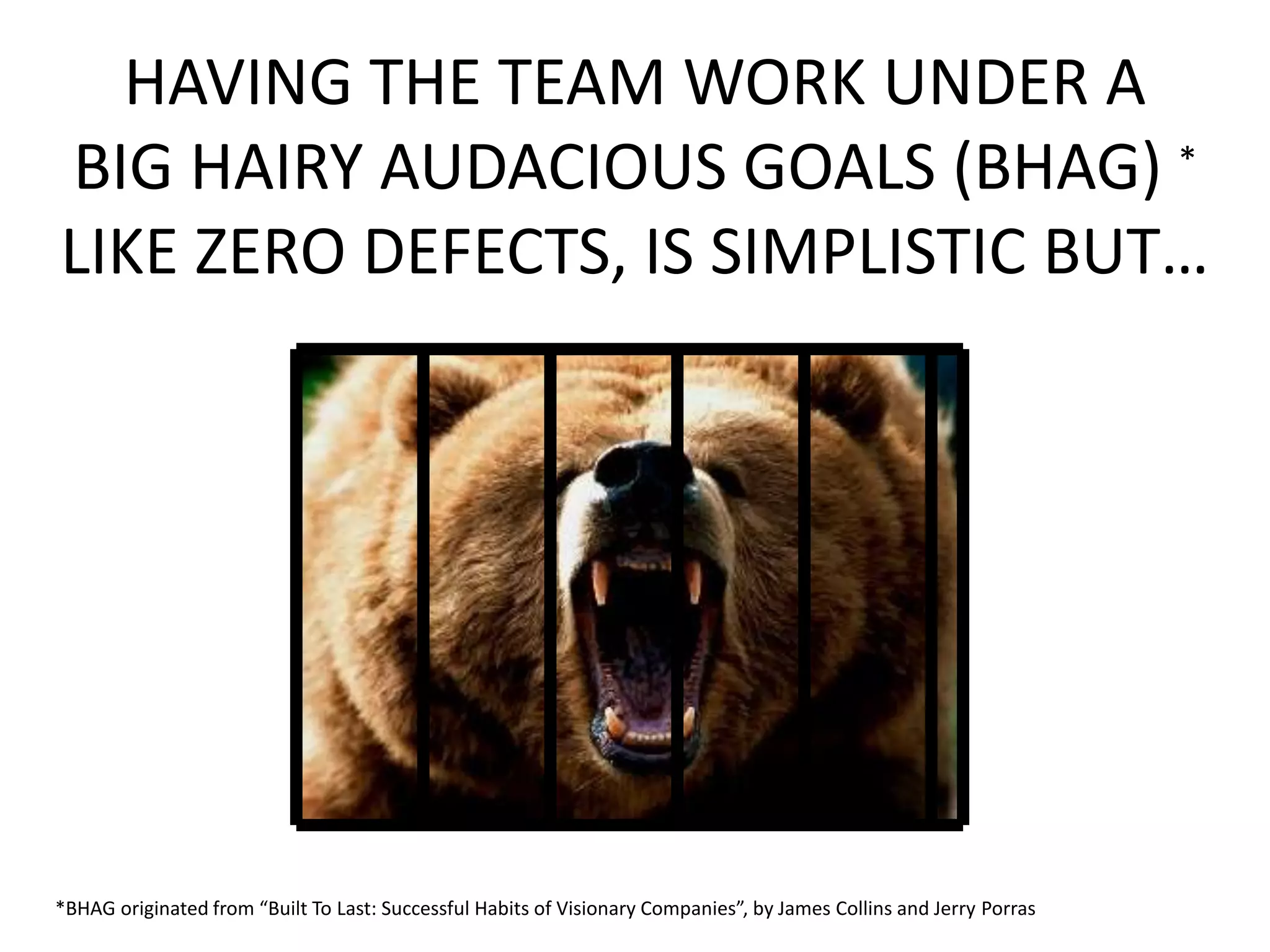 HAVING THE TEAM WORK UNDER A
BIG HAIRY AUDACIOUS GOALS (BHAG) *
LIKE ZERO DEFECTS, IS SIMPLISTIC BUT…
*BHAG originated from “Built To Last: Successful Habits of Visionary Companies”, by James Collins and Jerry Porras
 