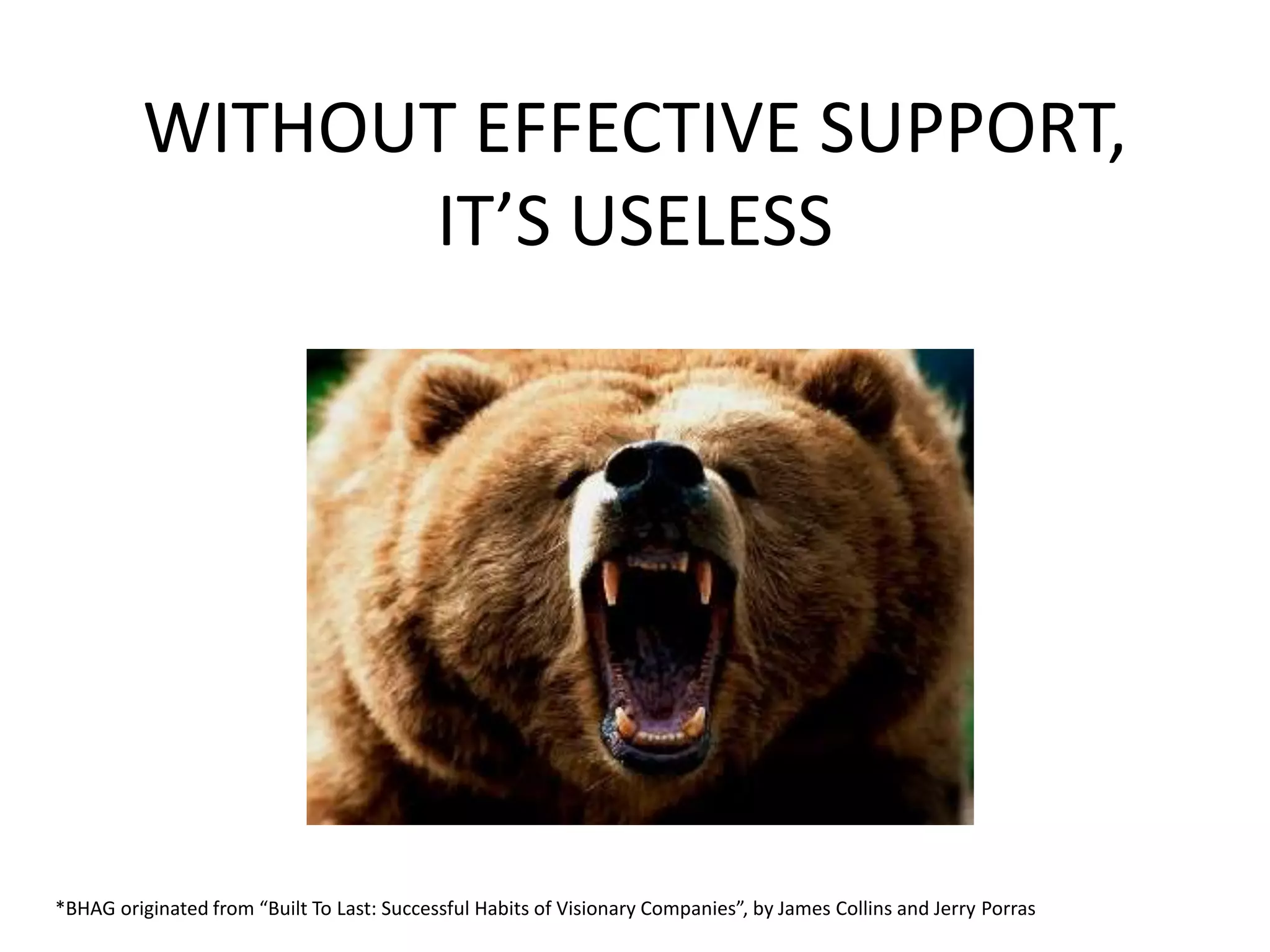 WITHOUT EFFECTIVE SUPPORT,
IT’S USELESS
*BHAG originated from “Built To Last: Successful Habits of Visionary Companies”, by James Collins and Jerry Porras
 