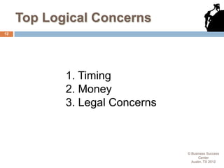 Top Logical Concerns
12




            1. Timing
            2. Money
            3. Legal Concerns



                                © Business Success
                                      Center
                                  Austin, TX 2012
 
