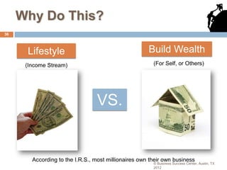 Why Do This?
36



      Lifestyle                                       Build Wealth
      (Income Stream)                                   (For Self, or Others)




                                 VS.


        According to the I.R.S., most millionaires own their own business
                                                        © Business Success Center, Austin, TX
                                                        2012
 
