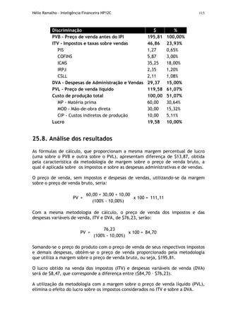 Hélio Ramalho - Inteligência Financeira HP12C 115
Discriminação $ %
PVB - Preço de venda antes do IPI 195,81 100,00%
ITV - Impostos e taxas sobre vendas 46,86 23,93%
PIS 1,27 0,65%
COFINS 5,87 3,00%
ICMS 35,25 18,00%
IRPJ 2,35 1,20%
CSLL 2,11 1,08%
DVA - Despesas de Administração e Vendas 29,37 15,00%
PVL - Preço de venda líquido 119,58 61,07%
Custo de produção total 100,00 51,07%
MP - Matéria prima 60,00 30,64%
MOD - Mão-de-obra direta 30,00 15,32%
CIP - Custos indiretos de produção 10,00 5,11%
Lucro 19,58 10,00%
25.8. Análise dos resultados
As fórmulas de cálculo, que proporcionam a mesma margem percentual de lucro
(uma sobre o PVB e outra sobre o PVL), apresentam diferença de $13,87, obtida
pela característica da metodologia de margem sobre o preço de venda bruto, a
qual é aplicada sobre os impostos e sobre as despesas administrativas e de vendas.
O preço de venda, sem impostos e despesas de vendas, utilizando-se da margem
sobre o preço de venda bruto, seria:
PV =
60,00 + 30,00 + 10,00
(100% - 10,00%)
x 100 = 111,11
Com a mesma metodologia de cálculo, o preço de venda dos impostos e das
despesas variáveis de venda, ITV e DVA, de $76,23, serão:
PV =
76,23
(100% - 10,00%)
x 100 = 84,70
Somando-se o preço do produto com o preço de venda de seus respectivos impostos
e demais despesas, obtém-se o preço de venda proporcionado pela metodologia
que utiliza a margem sobre o preço de venda bruto, ou seja, $195,81.
O lucro obtido na venda dos impostos (ITV) e despesas variáveis de venda (DVA)
será de $8,47, que corresponde a diferença entre ($84,70 – $76,23).
A utilização da metodologia com a margem sobre o preço de venda líquido (PVL),
elimina o efeito do lucro sobre os impostos considerados no ITV e sobre a DVA.
 