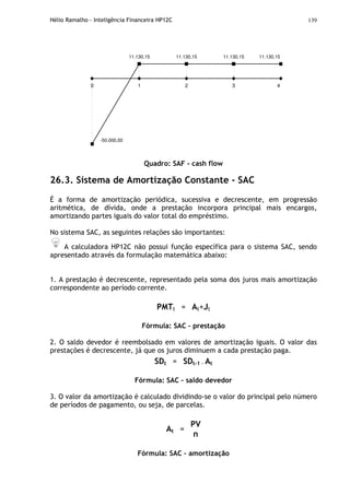 Hélio Ramalho - Inteligência Financeira HP12C 139
0 1 2 3 4
11.130,15 11.130,15 11.130,15 11.130,15
-50.000,00
Quadro: SAF - cash flow
26.3. Sistema de Amortização Constante - SAC
É a forma de amortização periódica, sucessiva e decrescente, em progressão
aritmética, de dívida, onde a prestação incorpora principal mais encargos,
amortizando partes iguais do valor total do empréstimo.
No sistema SAC, as seguintes relações são importantes:
A calculadora HP12C não possui função específica para o sistema SAC, sendo
apresentado através da formulação matemática abaixo:
1. A prestação é decrescente, representado pela soma dos juros mais amortização
correspondente ao período corrente.
PMTt = At+Jt
Fórmula: SAC – prestação
2. O saldo devedor é reembolsado em valores de amortização iguais. O valor das
prestações é decrescente, já que os juros diminuem a cada prestação paga.
SDt = SDt-1 - At
Fórmula: SAC – saldo devedor
3. O valor da amortização é calculado dividindo-se o valor do principal pelo número
de períodos de pagamento, ou seja, de parcelas.
PV
At =
n
Fórmula: SAC – amortização
 