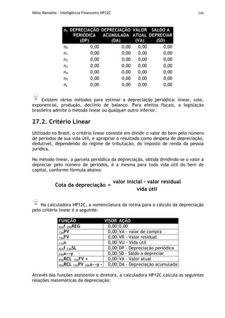 Hélio Ramalho - Inteligência Financeira HP12C 146
nt DEPRECIAÇÃO
PERIÓDICA
(DP)
DEPRECIAÇÃO
ACUMULADA
(DA)
VALOR
ATUAL
(VA)
SALDO A
DEPRECIAR
(SD)
n0 0,00 0,00 0,00 0,00
n1 0,00 0,00 0,00 0,00
n2 0,00 0,00 0,00 0,00
n3 0,00 0,00 0,00 0,00
n4 0,00 0,00 0,00 0,00
n5 0,00 0,00 0,00 0,00
nt 0,00 0,00 0,00 0,00
Existem vários métodos para estimar a depreciação periódica: linear, cole,
exponencial, produção, declínio de balanço. Para efeitos fiscais, a legislação
brasileira admite o método linear ou qualquer outro inferior.
27.2. Critério Linear
Utilizado no Brasil, o critério linear consiste em dividir o valor do bem pelo número
de períodos de sua vida útil, e apropriar o resultado como despesa de depreciação,
dedutível, dependendo do regime de tributação, do imposto de renda da pessoa
jurídica.
No método linear, a parcela periódica da depreciação, obtida dividindo-se o valor a
depreciar pelo número de períodos, é a mesma para toda vida útil do bem de
capital, conforme fórmula abaixo:
valor inicial – valor residual
Cota da depreciação =
vida útil
Na calculadora HP12C, a nomenclatura da rotina para o cálculo da depreciação
pelo critério linear é a seguinte:
FUNÇÃO VISOR AÇÃO
42Af 35DREG 0,00 0,00
13APV 0,00 VA - valor de compra
15AFV 0,00 VR - Valor residual
11An 0,00 VU - Vida útil
42Af 23DSL 0,00 DP - Depreciação periódica
34Ax↔y 0,00 SD - Saldo a depreciar
45ARCL 15AFV + 0,00 VA - Valor atual
45ARCL 13APV 34Ax↔y - 0,00 DA - Depreciação acumulada
Através das funções assistente e diretora, a calculadora HP12C calcula as seguintes
relações matemáticas da depreciação:
 