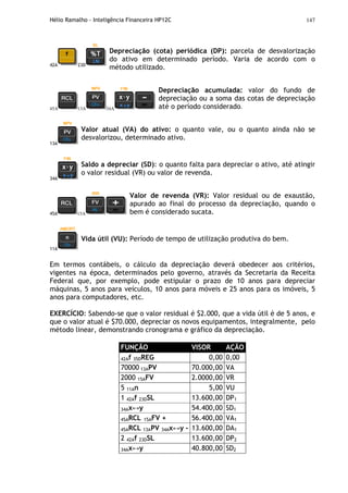 Hélio Ramalho - Inteligência Financeira HP12C 147
42A 23D
Depreciação (cota) periódica (DP): parcela de desvalorização
do ativo em determinado período. Varia de acordo com o
método utilizado.
45A 13A 34A
Depreciação acumulada: valor do fundo de
depreciação ou a soma das cotas de depreciação
até o período considerado.
13A
Valor atual (VA) do ativo: o quanto vale, ou o quanto ainda não se
desvalorizou, determinado ativo.
34A
Saldo a depreciar (SD): o quanto falta para depreciar o ativo, até atingir
o valor residual (VR) ou valor de revenda.
45A 15A
Valor de revenda (VR): Valor residual ou de exaustão,
apurado ao final do processo da depreciação, quando o
bem é considerado sucata.
11A
Vida útil (VU): Período de tempo de utilização produtiva do bem.
Em termos contábeis, o cálculo da depreciação deverá obedecer aos critérios,
vigentes na época, determinados pelo governo, através da Secretaria da Receita
Federal que, por exemplo, pode estipular o prazo de 10 anos para depreciar
máquinas, 5 anos para veículos, 10 anos para móveis e 25 anos para os imóveis, 5
anos para computadores, etc.
EXERCÍCIO: Sabendo-se que o valor residual é $2.000, que a vida útil é de 5 anos, e
que o valor atual é $70.000, depreciar os novos equipamentos, integralmente, pelo
método linear, demonstrando cronograma e gráfico da depreciação.
FUNÇÃO VISOR AÇÃO
42Af 35DREG 0,00 0,00
70000 13APV 70.000,00 VA
2000 15AFV 2.0000,00 VR
5 11An 5,00 VU
1 42Af 23DSL 13.600,00 DP1
34Ax↔y 54.400,00 SD1
45ARCL 15AFV + 56.400,00 VA1
45ARCL 13APV 34Ax↔y - 13.600,00 DA1
2 42Af 23DSL 13.600,00 DP2
34Ax↔y 40.800,00 SD2
 
