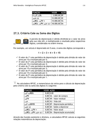 Hélio Ramalho - Inteligência Financeira HP12C 150
FUNÇÃO VISOR AÇÃO
6 42Af 23DSL 3.000,00 DP
34Ax↔y 12.000,00 SD
45ARCL 15AFV + 14.000,00 VA
45ARCL 13APV 34Ax↔y - 18.000,00 DA
27.3. Critério Cole ou Soma dos Dígitos
42A 24D
A parcela da depreciação é obtida dividindo-se o valor do ativo
pela sua vida útil, e multiplicando o resultado pelos respectivos
dígitos, considerados na ordem inversa.
Por exemplo, um veículo é depreciado em 5 anos. A soma dos dígitos corresponde a
1 + 2 + 3 + 4 + 5 = 15
O valor da 1ª cota periódica da depreciação é obtido pela divisão do valor do
ativo por 15 e multiplicado por 5;
O valor da 2ª cota periódica da depreciação é obtido pela divisão do valor do
ativo por 15 e multiplicado por 4;
O valor da 3ª cota periódica da depreciação é obtido pela divisão do valor do
ativo por 15 e multiplicado por 3;
O valor da 4ª cota periódica da depreciação é obtido pela divisão do valor do
ativo por 15 e multiplicado por 2;
O valor da 5ª cota periódica da depreciação é obtido pela divisão do valor do
ativo por 15 e multiplicado por 1.
Na calculadora HP12C, a nomenclatura da rotina para o cálculo da depreciação
pelo critério cole ou soma dos dígitos é a seguinte:
FUNÇÃO VISOR AÇÃO
42Af 35DREG 0,00 0,00
13APV 0,00 VA - valor de compra
15AFV 0,00 VR - Valor residual
11An 0,00 VU - Vida útil
42Af 23DSOYD 0,00 DP - Depreciação periódica
34Ax↔y 0,00 SD - Saldo a depreciar
45ARCL 15AFV + 0,00 VA - Valor atual
45ARCL 13APV 34Ax↔y - 0,00 DA - Depreciação acumulada
Através das funções assistente e diretora, a calculadora HP12C calcula as seguintes
relações matemáticas da depreciação:
 