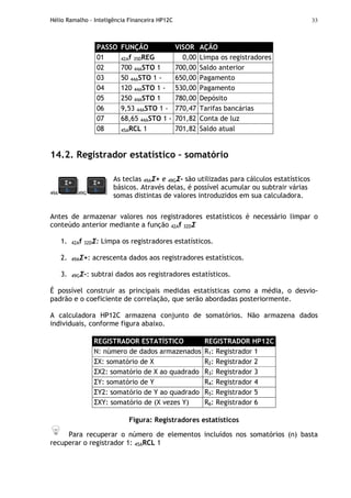 Hélio Ramalho - Inteligência Financeira HP12C 33
PASSO FUNÇÃO VISOR AÇÃO
01 42Af 35DREG 0,00 Limpa os registradores
02 700 44ASTO 1 700,00 Saldo anterior
03 50 44ASTO 1 - 650,00 Pagamento
04 120 44ASTO 1 - 530,00 Pagamento
05 250 44ASTO 1 780,00 Depósito
06 9,53 44ASTO 1 - 770,47 Tarifas bancárias
07 68,65 44ASTO 1 - 701,82 Conta de luz
08 45ARCL 1 701,82 Saldo atual
14.2. Registrador estatístico – somatório
49A 49G
As teclas 49AΣ+ e 49GΣ- são utilizadas para cálculos estatísticos
básicos. Através delas, é possível acumular ou subtrair várias
somas distintas de valores introduzidos em sua calculadora.
Antes de armazenar valores nos registradores estatísticos é necessário limpar o
conteúdo anterior mediante a função 42Af 32DΣ
1. 42Af 32DΣ: Limpa os registradores estatísticos.
2. 49AΣ+: acrescenta dados aos registradores estatísticos.
3. 49GΣ-: subtrai dados aos registradores estatísticos.
É possível construir as principais medidas estatísticas como a média, o desvio-
padrão e o coeficiente de correlação, que serão abordadas posteriormente.
A calculadora HP12C armazena conjunto de somatórios. Não armazena dados
individuais, conforme figura abaixo.
REGISTRADOR ESTATÍSTICO REGISTRADOR HP12C
N: número de dados armazenados R1: Registrador 1
ΣX: somatório de X R2: Registrador 2
ΣX2: somatório de X ao quadrado R3: Registrador 3
ΣY: somatório de Y R4: Registrador 4
ΣY2: somatório de Y ao quadrado R5: Registrador 5
ΣXY: somatório de (X vezes Y) R6: Registrador 6
Figura: Registradores estatísticos
Para recuperar o número de elementos incluídos nos somatórios (n) basta
recuperar o registrador 1: 45ARCL 1
 