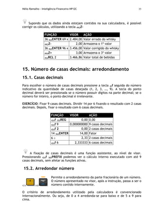 Hélio Ramalho - Inteligência Financeira HP12C 35
Supondo que os dados ainda estejam contidos na sua calculadora, é possível
corrigir os cálculos, utilizando a tecla 49GΣ-
FUNÇÃO VISOR AÇÃO
36 36AENTER 69 x 2.484,00 Valor errado do whisky
49GΣ- 2,00 Armazena o 1º valor
36 36AENTER 96 x 3.456,00 Valor corrigido do whisky
49AΣ+ 3,00 Armazena o 3º valor
45ARCL 2 3.466,86 Valor total de bebidas
15. Número de casas decimais: arredondamento
15.1. Casas decimais
Para escolher o número de casas decimais pressione a tecla 42f seguida do número
indicativo da quantidade de casas desejada (1, 2, 3, …, 9). A tecla do ponto
decimal deverá ser pressionada se o número possuir dígitos na parte decimal; se o
número for inteiro, o ponto decimal é irrelevante.
EXERCÍCIO: Fixar 9 casas decimais. Dividir 14 por 6 fixando o resultado com 2 casas
decimais. Depois, fixar o resultado com 6 casas decimais.
FUNÇÃO VISOR AÇÃO
42Af 35DREG 0,00 0,00
42Af 9 0,000000000 9 casas decimais
42Af 2 0,00 2 casas decimais
14 36AENTER 14,00 Fator
6 ÷ 2,33 2 casas decimais
42Af 6 2,333333 6 casas decimais
A fixação de casas decimais é uma função assistente, ao nível de visor.
Pressionando 42Af 36DPREFIX podemos ver o cálculo interno executado com até 9
casas decimais, sem afetar as funções ativas.
15.2. Arredondar número
42A 14D
Permite o arredondamento da parte fracionária de um número.
O número apresentado no visor, após a instrução, passa a ser o
número contido internamente.
O critério de arredondamento utilizado pela calculadora é convencionado
internacionalmente. Ou seja, de 0 a 4 arredonda-se para baixo e de 5 a 9 para
cima.
 