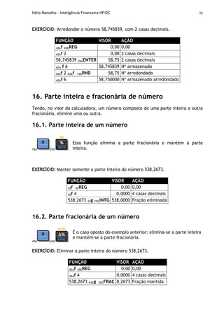 Hélio Ramalho - Inteligência Financeira HP12C 36
EXERCÍCIO: Arredondar o número 58,745839, com 2 casas decimais.
FUNÇÃO VISOR AÇÃO
42Af 42DREG 0,00 0,00
42Af 2 0,00 2 casas decimais
58,745839 36AENTER 58,75 2 casas decimais
42A f 6 58,745839 Nº armazenado
42Af 2 42Af 14DRND 58,75 Nº arredondado
42Af 6 58,750000 Nº armazenado arredondado
16. Parte inteira e fracionária de número
Tendo, no visor da calculadora, um número composto de uma parte inteira e outra
fracionária, elimine uma ou outra.
16.1. Parte inteira de um número
43A 25G
Essa função elimina a parte fracionária e mantém a parte
inteira.
EXERCÍCIO: Manter somente a parte inteira do número 538,2673.
FUNÇÃO VISOR AÇÃO
42f 42REG 0,00 0,00
42f 4 0,0000 4 casas decimais
538,2673 43g 25GINTG 538,0000 Fração eliminada
16.2. Parte fracionária de um número
43A 24G
É o caso oposto do exemplo anterior: elimina-se a parte inteira
e mantém-se a parte fracionária.
EXERCÍCIO: Eliminar a parte inteira do número 538,2673.
FUNÇÃO VISOR AÇÃO
42Af 35DREG 0,00 0,00
42Af 4 0,0000 4 casas decimais
538,2673 43Ag 24GFRAC 0,2673 Fração mantida
 