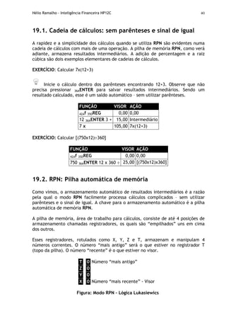 Hélio Ramalho - Inteligência Financeira HP12C 40
19.1. Cadeia de cálculos: sem parênteses e sinal de igual
A rapidez e a simplicidade dos cálculos quando se utiliza RPN são evidentes numa
cadeia de cálculos com mais de uma operação. A pilha de memória RPN, como verá
adiante, armazena resultados intermediários. A adição de percentagem e a raiz
cúbica são dois exemplos elementares de cadeias de cálculos.
EXERCÍCIO: Calcular 7x(12+3)
Inicie o cálculo dentro dos parênteses encontrando 12+3. Observe que não
precisa pressionar 36AENTER para salvar resultados intermediários. Sendo um
resultado calculado, esse é um saldo automático – sem utilizar parênteses.
FUNÇÃO VISOR AÇÃO
42Af 35DREG 0,00 0,00
12 36AENTER 3 + 15,00 Intermediário
7 x 105,00 7x(12+3)
EXERCÍCIO: Calcular [(750x12)÷360]
FUNÇÃO VISOR AÇÃO
42Af 35DREG 0,00 0,00
750 36AENTER 12 x 360 ÷ 25,00 [(750x12)x360]
19.2. RPN: Pilha automática de memória
Como vimos, o armazenamento automático de resultados intermediários é a razão
pela qual o modo RPN facilmente processa cálculos complicados – sem utilizar
parênteses e o sinal de igual. A chave para o armazenamento automático é a pilha
automática de memória RPN.
A pilha de memória, área de trabalho para cálculos, consiste de até 4 posições de
armazenamento chamadas registradores, os quais são “empilhados” uns em cima
dos outros.
Esses registradores, rotulados como X, Y, Z e T, armazenam e manipulam 4
números correntes. O número “mais antigo” será o que estiver no registrador T
(topo da pilha). O número “recente” é o que estiver no visor.
T 0 Número “mais antigo”
Z 0
Y 0
X 0 Número “mais recente” - Visor
Figura: Modo RPN – Lógica Lukasiewics
 