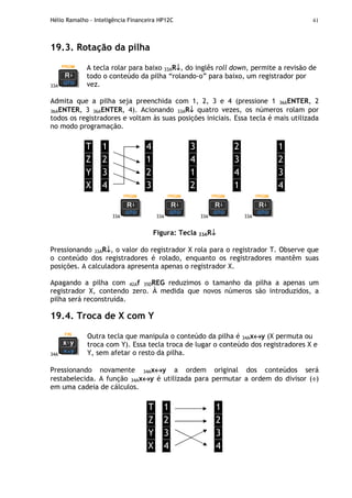 Hélio Ramalho - Inteligência Financeira HP12C 41
19.3. Rotação da pilha
33A
A tecla rolar para baixo 33AR↓↓↓↓, do inglês roll down, permite a revisão de
todo o conteúdo da pilha “rolando-o” para baixo, um registrador por
vez.
Admita que a pilha seja preenchida com 1, 2, 3 e 4 (pressione 1 36AENTER, 2
36AENTER, 3 36AENTER, 4). Acionando 33AR↓↓↓↓ quatro vezes, os números rolam por
todos os registradores e voltam às suas posições iniciais. Essa tecla é mais utilizada
no modo programação.
T
Z
Y
X
1
2
3
4
4
1
2
3
3
4
1
2
2
3
4
1
1
2
3
4
33A 33A 33A 33A
Figura: Tecla 33AR↓↓↓↓
Pressionando 33AR↓↓↓↓, o valor do registrador X rola para o registrador T. Observe que
o conteúdo dos registradores é rolado, enquanto os registradores mantêm suas
posições. A calculadora apresenta apenas o registrador X.
Apagando a pilha com 42Af 35DREG reduzimos o tamanho da pilha a apenas um
registrador X, contendo zero. À medida que novos números são introduzidos, a
pilha será reconstruída.
19.4. Troca de X com Y
34A
Outra tecla que manipula o conteúdo da pilha é 34Ax↔↔↔↔y (X permuta ou
troca com Y). Essa tecla troca de lugar o conteúdo dos registradores X e
Y, sem afetar o resto da pilha.
Pressionando novamente 34Ax↔↔↔↔y a ordem original dos conteúdos será
restabelecida. A função 34Ax↔↔↔↔y é utilizada para permutar a ordem do divisor (÷÷÷÷)
em uma cadeia de cálculos.
T
Z
Y
X
1
2
3
4
1
2
3
4
 