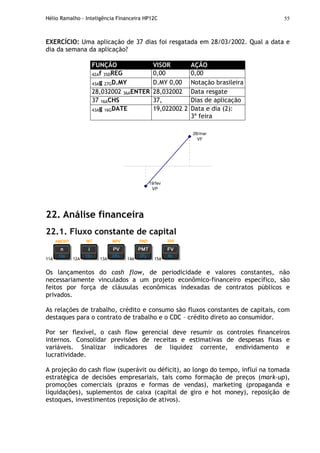 Hélio Ramalho - Inteligência Financeira HP12C 55
EXERCÍCIO: Uma aplicação de 37 dias foi resgatada em 28/03/2002. Qual a data e
dia da semana da aplicação?
FUNÇÃO VISOR AÇÃO
42Af 35DREG 0,00 0,00
43Ag 27GD.MY D.MY 0,00 Notação brasileira
28,032002 36AENTER 28,032002 Data resgate
37 16ACHS 37, Dias de aplicação
43Ag 16GDATE 19,022002 2 Data e dia (2):
3ª feira
19/fev
VP
28/mar
VF
22. Análise financeira
22.1. Fluxo constante de capital
11A 12A 13A 14A 15A
Os lançamentos do cash flow, de periodicidade e valores constantes, não
necessariamente vinculados a um projeto econômico-financeiro específico, são
feitos por força de cláusulas econômicas indexadas de contratos públicos e
privados.
As relações de trabalho, crédito e consumo são fluxos constantes de capitais, com
destaques para o contrato de trabalho e o CDC – crédito direto ao consumidor.
Por ser flexível, o cash flow gerencial deve resumir os controles financeiros
internos. Consolidar previsões de receitas e estimativas de despesas fixas e
variáveis. Sinalizar indicadores de liquidez corrente, endividamento e
lucratividade.
A projeção do cash flow (superávit ou déficit), ao longo do tempo, influi na tomada
estratégica de decisões empresariais, tais como formação de preços (mark-up),
promoções comerciais (prazos e formas de vendas), marketing (propaganda e
liquidações), suplementos de caixa (capital de giro e hot money), reposição de
estoques, investimentos (reposição de ativos).
 