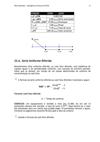 Hélio Ramalho - Inteligência Financeira HP12C 79
FUNÇÃO VISOR AÇÃO
42Af 34DFIN 0,00 0,00
43Ag 17GBEG 0,00 BEGIN Série antecipada
75 16ACHS 14APMT -75,00 BEGIN Prestação
3 11An 3,00 BEGIN Prazo
7,7 12Ai 7,70 BEGIN Taxa de juros
13APV 209,30 BEGIN Valor presente
0 1 2
-75,00 -75,00
...
-75,00
209,30
22.6. Série Uniforme Diferida
Denominamos série uniforme diferida, ou cash flow diferido, uma seqüência de
capitais iguais e de periodicidade uniforme, com exceção do primeiro período,
maior que os demais, em função de um tempo determinado de carência de
movimentação no cash flow.
A fórmula da série uniforme diferida ou cash flow diferido é mostrada a seguir:
(1+i)n+tc
. i
PMT = VP .
(1+i)n
- 1
Fórmula: Cash flow diferido
tc = Tempo de carência
EXERCÍCIO: Um equipamento é vendido à vista por $1.000. Ou em até 12
prestações mensais sem entrada. A taxa de juros é 5%MÊS
. Qual deverá ser o valor
das prestações para um cliente que propõe pagar 10 prestações mensais e iguais,
iniciando os pagamentos somente 90 dias após a data da compra?
Usando a fórmula do cash flow diferido:
 