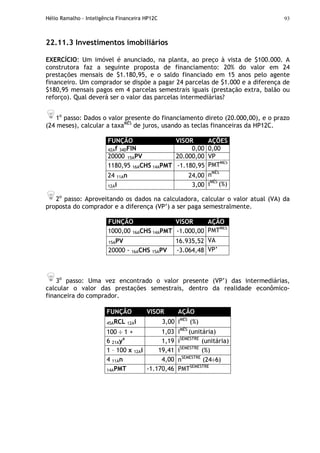 Hélio Ramalho - Inteligência Financeira HP12C 93
22.11.3 Investimentos imobiliários
EXERCÍCIO: Um imóvel é anunciado, na planta, ao preço à vista de $100.000. A
construtora faz a seguinte proposta de financiamento: 20% do valor em 24
prestações mensais de $1.180,95, e o saldo financiado em 15 anos pelo agente
financeiro. Um comprador se dispõe a pagar 24 parcelas de $1.000 e a diferença de
$180,95 mensais pagos em 4 parcelas semestrais iguais (prestação extra, balão ou
reforço). Qual deverá ser o valor das parcelas intermediárias?
1o
passo: Dados o valor presente do financiamento direto (20.000,00), e o prazo
(24 meses), calcular a taxaMÊS
de juros, usando as teclas financeiras da HP12C.
FUNÇÃO VISOR AÇÕES
42Af 34DFIN 0,00 0,00
20000 15APV 20.000,00 VP
1180,95 16ACHS 14APMT -1.180,95 PMTMÊS
24 11An 24,00 nMÊS
12Ai 3,00 iMÊS
(%)
2o
passo: Aproveitando os dados na calculadora, calcular o valor atual (VA) da
proposta do comprador e a diferença (VP’) a ser paga semestralmente.
FUNÇÃO VISOR AÇÃO
1000,00 16ACHS 14APMT -1.000,00 PMTMÊS
15APV 16.935,52 VA
20000 - 16ACHS 15APV -3.064,48 VP’
3o
passo: Uma vez encontrado o valor presente (VP’) das intermediárias,
calcular o valor das prestações semestrais, dentro da realidade econômico-
financeira do comprador.
FUNÇÃO VISOR AÇÃO
45ARCL 12Ai 3,00 iMÊS
(%)
100 ÷ 1 + 1,03 iMÊS
(unitária)
6 21Ayx
1,19 iSEMESTRE
(unitária)
1 – 100 x 12Ai 19,41 iSEMESTRE
(%)
4 11An 4,00 nSEMESTRE
(24÷6)
14APMT -1.170,46 PMTSEMESTRE
 