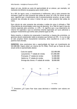 Hélio Ramalho - Inteligência Financeira HP12C 120
daqui um ano, devido ao custo de oportunidade de se colocar, por exemplo, tal
montante de dinheiro na poupança para render juros.
Se o VPL for igual a zero, o investimento é indiferente, pois o valor presente das
entradas é igual ao valor presente das saídas de caixa; se o VPL for menor do que
zero, significa que o investimento não é economicamente atrativo, já que o valor
presente das entradas de caixa é menor do que o valor presente das saídas de
caixa.
Para cálculo do valor presente das entradas e saídas de caixa é utilizada a TMA
(Taxa Mínima de Atratividade) como taxa de desconto. Se a TMA for igual à taxa de
retorno esperada pelo acionista, e o VPL > 0, significa que a sua expectativa de
retorno foi superada e que os acionistas estarão esperando um lucro adicional a
qualquer investimento que tenha valor presente igual ao VPL.
Desta maneira, o objetivo da corporação é maximizar a riqueza dos acionistas, os
gerentes devem empreender todos os projetos que tenham um VPL > 0, ou no caso
se dois projetos forem mutuamente exclusivos, deve escolher-se o com o VPL
positivo mais elevado.
EXERCÍCIO: Uma construtora tem a oportunidade de fazer um investimento de
$22.000.000. Espera obter um retorno de 5% (TMA). Prevê que os fluxos de caixa
anuais serão os apresentados abaixo:
Custo do capital $22.000.000
Lançamento: 1ª rodada de vendas $12.000.000
Promoção: 2ª rodada de vendas $3.000.000
Habite-se: 3ª rodada de vendas $3.000.000
Entrega das chaves: 4ª rodada de vendas $8.000.000
Em milhões
8
3
-22
12
3
Cfo Cf1 Cf2 N2 Cf4
Pressione 42Af 2 para fixar duas casas decimais e trabalhar com valores em
milhões.
 
