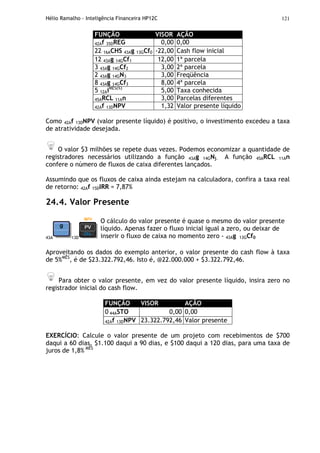 Hélio Ramalho - Inteligência Financeira HP12C 121
FUNÇÃO VISOR AÇÃO
42Af 35DREG 0,00 0,00
22 16ACHS 43Ag 13GCf0 -22,00 Cash flow inicial
12 43Ag 14GCf1 12,00 1ª parcela
3 43Ag 14GCf2 3,00 2ª parcela
2 43Ag 14GN3 3,00 Freqüência
8 43Ag 14GCf3 8,00 4ª parcela
5 12AiMÊS(%)
5,00 Taxa conhecida
45ARCL 11An 3,00 Parcelas diferentes
42Af 13DNPV 1,32 Valor presente líquido
Como 42Af 13DNPV (valor presente líquido) é positivo, o investimento excedeu a taxa
de atratividade desejada.
O valor $3 milhões se repete duas vezes. Podemos economizar a quantidade de
registradores necessários utilizando a função 43Ag 14GNj. A função 45ARCL 11An
confere o número de fluxos de caixa diferentes lançados.
Assumindo que os fluxos de caixa ainda estejam na calculadora, confira a taxa real
de retorno: 42Af 15DIRR = 7,87%
24.4. Valor Presente
43A 13D
O cálculo do valor presente é quase o mesmo do valor presente
líquido. Apenas fazer o fluxo inicial igual a zero, ou deixar de
inserir o fluxo de caixa no momento zero - 43Ag 13GCf0
Aproveitando os dados do exemplo anterior, o valor presente do cash flow à taxa
de 5%MÊS
, é de $23.322.792,46. Isto é, @22.000.000 + $3.322.792,46.
Para obter o valor presente, em vez do valor presente líquido, insira zero no
registrador inicial do cash flow.
FUNÇÃO VISOR AÇÃO
0 44ASTO 0,00 0,00
42Af 13DNPV 23.322.792,46 Valor presente
EXERCÍCIO: Calcule o valor presente de um projeto com recebimentos de $700
daqui a 60 dias, $1.100 daqui a 90 dias, e $100 daqui a 120 dias, para uma taxa de
juros de 1,8% MÊS
 