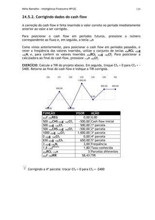Hélio Ramalho - Inteligência Financeira HP12C 124
24.5.2. Corrigindo dados do cash flow
A correção do cash flow é feita inserindo o valor correto no período imediatamente
anterior ao valor a ser corrigido.
Para posicionar o cash flow em períodos futuros, pressione o número
correspondente ao fluxo e, em seguida, a tecla 1An
Como vimos anteriormente, para posicionar o cash flow em períodos passados, e
rever a freqüência dos valores inseridos, utilize o conjunto de teclas 45ARCL 43Ag
14GNj e, para conferir os valores inseridos 45ARCL 43Ag 14GCfj. Para posicionar a
calculadora ao final do cash flow, pressione 11An 14GCfj
EXERCÍCIO: Calcule a TIR do projeto abaixo. Em seguida, troque Cf4 = 0 para Cf4 = -
$400. Retorne ao final do cash flow e indique a TIR corrigida.
650,00 650,00
0,00
-500,00-500,00
500,00
1.000,00
Cfo Cf1 Cf2 Cf3 Cf4 Cf5 N3
FUNÇÃO VISOR AÇÃO
42Af 35DREG 0,00 0,00
500 16ACHS 43Ag 14GCfo -500,00 Cash flow inicial
500 43Ag 14GCf1 500,00 1ª parcela
500 16ACHS 43Ag 14GCf2 -500,00 2ª parcela
1000 43Ag 14GCf3 1.000,00 3ª parcela
0 43Ag 14GCf4 0,00 4ª parcela
650 43Ag 14GCf5 650,00 5ª parcela
3 43Ag 14GNj 3,00 Freqüência
1,8 12AiMÊS(%)
1,80 Taxa conhecida
45ARCL 11An 3 Parcelas diferentes
42Af 15DIRR 58,43 TIR
Corrigindo a 4ª parcela: trocar Cf4 = 0 para Cf4 = -$400
 