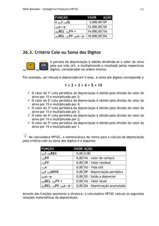Hélio Ramalho - Inteligência Financeira HP12C 151
FUNÇÃO VISOR AÇÃO
6 42Af 23DSL 3.000,00 DP
34Ax↔y 12.000,00 SD
45ARCL 15AFV + 14.000,00 VA
45ARCL 13APV 34Ax↔y - 18.000,00 DA
26.3. Critério Cole ou Soma dos Dígitos
42A 24D
A parcela da depreciação é obtida dividindo-se o valor do ativo
pela sua vida útil, e multiplicando o resultado pelos respectivos
dígitos, considerados na ordem inversa.
Por exemplo, um veículo é depreciado em 5 anos. A soma dos dígitos corresponde a
1 + 2 + 3 + 4 + 5 = 15
O valor da 1ª cota periódica da depreciação é obtido pela divisão do valor do
ativo por 15 e multiplicado por 5;
O valor da 2ª cota periódica da depreciação é obtido pela divisão do valor do
ativo por 15 e multiplicado por 4;
O valor da 3ª cota periódica da depreciação é obtido pela divisão do valor do
ativo por 15 e multiplicado por 3;
O valor da 4ª cota periódica da depreciação é obtido pela divisão do valor do
ativo por 15 e multiplicado por 2;
O valor da 5ª cota periódica da depreciação é obtido pela divisão do valor do
ativo por 15 e multiplicado por 1.
Na calculadora HP12C, a nomenclatura da rotina para o cálculo da depreciação
pelo critério cole ou soma dos dígitos é a seguinte:
FUNÇÃO VISOR AÇÃO
42Af 35DREG 0,00 0,00
13APV 0,00 VA - valor de compra
15AFV 0,00 VR - Valor residual
11An 0,00 VU - Vida útil
42Af 23DSOYD 0,00 DP - Depreciação periódica
34Ax↔y 0,00 SD - Saldo a depreciar
45ARCL 15AFV + 0,00 VA - Valor atual
45ARCL 13APV 34Ax↔y - 0,00 DA - Depreciação acumulada
Através das funções assistente e diretora, a calculadora HP12C calcula as seguintes
relações matemáticas da depreciação:
 
