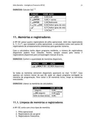 Hélio Ramalho - Inteligência Financeira HP12C 29
EXERCÍCIO: Calcular 5x2-1/2
FUNÇÃO VISOR AÇÃO
42Af 35DREG 0,00 0,00
5 36AENTER 5,00 1° termo
2 36AENTER 2,00 Radicando
2 22A1/x 16ACHS -0,50 Índice (grau da raiz)
21Ayx
0,71 Índice (grau da raiz)
X 3,54 5x2-1/2
11. Memórias e registradores
A HP-12C possui quatro registradores de pilha operacional. Além dos registradores
X, Y, Z e T, que compõem a pilha operacional, a calculadora conta com outros 20
registradores de armazenamento (memórias) para guardar números.
Caso a calculadora tenha algum programa residente, o número de registradores
disponíveis poderá ficar reduzido. Porém, sempre restará pelo menos 7
registradores disponíveis para armazenagem manual (0 ao 6).
EXERCÍCIO: Conferir a quantidade de memórias disponíveis.
FUNÇÃO VISOR AÇÃO
43Ag 19GMEM P-08 r-20 MEM disponíveis
Se todas as memórias estiverem disponíveis aparecerá no visor “(r-20)”. Caso
apareça um número menor do que 20, pode ser algum programa carregado na
memória de programação. Para voltar a 20 memórias livres, limpe as memórias
executando:
EXERCÍCIO: Liberar as memórias da calculadora.
FUNÇÃO VISOR AÇÃO
- (segure) 0,00
41AON (segure) 0,00
Solte as duas teclas 0,00
Liberar
MEM
11.1. Limpeza de memórias e registradores
A HP-12C conta com cinco tipos de memória:
1. Pilha operacional
2. Registradores de uso geral
3. Registradores financeiros
 