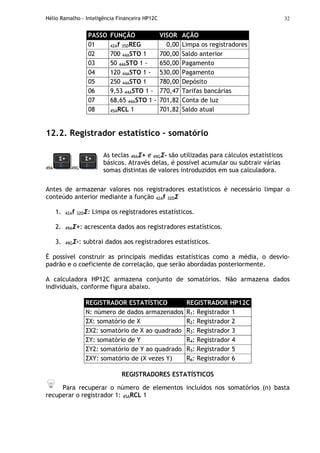 Hélio Ramalho - Inteligência Financeira HP12C 32
PASSO FUNÇÃO VISOR AÇÃO
01 42Af 35DREG 0,00 Limpa os registradores
02 700 44ASTO 1 700,00 Saldo anterior
03 50 44ASTO 1 - 650,00 Pagamento
04 120 44ASTO 1 - 530,00 Pagamento
05 250 44ASTO 1 780,00 Depósito
06 9,53 44ASTO 1 - 770,47 Tarifas bancárias
07 68,65 44ASTO 1 - 701,82 Conta de luz
08 45ARCL 1 701,82 Saldo atual
12.2. Registrador estatístico – somatório
49A 49G
As teclas 49AΣ+ e 49GΣ- são utilizadas para cálculos estatísticos
básicos. Através delas, é possível acumular ou subtrair várias
somas distintas de valores introduzidos em sua calculadora.
Antes de armazenar valores nos registradores estatísticos é necessário limpar o
conteúdo anterior mediante a função 42Af 32DΣ
1. 42Af 32DΣ: Limpa os registradores estatísticos.
2. 49AΣ+: acrescenta dados aos registradores estatísticos.
3. 49GΣ-: subtrai dados aos registradores estatísticos.
É possível construir as principais medidas estatísticas como a média, o desvio-
padrão e o coeficiente de correlação, que serão abordadas posteriormente.
A calculadora HP12C armazena conjunto de somatórios. Não armazena dados
individuais, conforme figura abaixo.
REGISTRADOR ESTATÍSTICO REGISTRADOR HP12C
N: número de dados armazenados R1: Registrador 1
ΣX: somatório de X R2: Registrador 2
ΣX2: somatório de X ao quadrado R3: Registrador 3
ΣY: somatório de Y R4: Registrador 4
ΣY2: somatório de Y ao quadrado R5: Registrador 5
ΣXY: somatório de (X vezes Y) R6: Registrador 6
REGISTRADORES ESTATÍSTICOS
Para recuperar o número de elementos incluídos nos somatórios (n) basta
recuperar o registrador 1: 45ARCL 1
 
