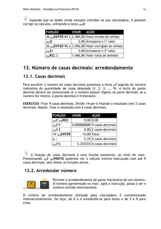 Hélio Ramalho - Inteligência Financeira HP12C 34
Supondo que os dados ainda estejam contidos na sua calculadora, é possível
corrigir os cálculos, utilizando a tecla 49GΣ-
FUNÇÃO VISOR AÇÃO
36 36AENTER 69 x 2.484,00 Valor errado do whisky
49GΣ- 2,00 Armazena o 1º valor
36 36AENTER 96 x 3.456,00 Valor corrigido do whisky
49AΣ+ 3,00 Armazena o 3º valor
45ARCL 2 3.466,86 Valor total de bebidas
13. Número de casas decimais: arredondamento
13.1. Casas decimais
Para escolher o número de casas decimais pressione a tecla 42f seguida do número
indicativo da quantidade de casas desejada (1, 2, 3, …, 9). A tecla do ponto
decimal deverá ser pressionada se o número possuir dígitos na parte decimal; se o
número for inteiro, o ponto decimal é irrelevante.
EXERCÍCIO: Fixar 9 casas decimais. Dividir 14 por 6 fixando o resultado com 2 casas
decimais. Depois, fixar o resultado com 6 casas decimais.
FUNÇÃO VISOR AÇÃO
42Af 35DREG 0,00 0,00
42Af 9 0,000000000 9 casas decimais
42Af 2 0,00 2 casas decimais
14 36AENTER 14,00 Fator
6 ÷ 2,33 2 casas decimais
42Af 6 2,333333 6 casas decimais
A fixação de casas decimais é uma função assistente, ao nível de visor.
Pressionando 42Af 36DPREFIX podemos ver o cálculo interno executado com até 9
casas decimais, sem afetar as funções ativas.
13.2. Arredondar número
42A 14D
Permite o arredondamento da parte fracionária de um número.
O número apresentado no visor, após a instrução, passa a ser o
número contido internamente.
O critério de arredondamento utilizado pela calculadora é convencionado
internacionalmente. Ou seja, de 0 a 4 arredonda-se para baixo e de 5 a 9 para
cima.
 