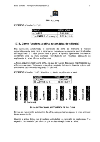 Hélio Ramalho - Inteligência Financeira HP12C 41
34A
TECLA 34Ax↔↔↔↔y
EXERCÍCIO: Calcular 9÷(13x8).
FUNÇÃO VISOR AÇÃO
42Af 35DREG 0,00 0,00
13 36AENTER 8 x 9 34Ax↔↔↔↔y ÷ 0,09 9÷(13x8)
17.5. Como funciona a pilha automática de cálculo?
Nas operações aritméticas, o conteúdo da pilha de memória é movido
automaticamente para cima e para baixo, quando novos números são introduzidos
no registrador X – visor (levantando a pilha). E quando operadores aritméticos
combinam dois ou mais números reproduzindo um resultado calculado no
registrador X – visor (deixar a pilha cair).
A figura seguinte mostra uma pilha, na qual os valores dos quatro registradores são
diferentes de zero. Veja como uma pilha completa deixa cair, levanta e deixa cair
novamente seu conteúdo enquanto faz cálculos.
EXERCÍCIO: Calcular 13x4-9. Visualizar o cálculo na pilha operacional.
FUNÇÃO VISOR AÇÃO
42Af 35DREG 0,00 0,00
13 36AENTER 4 x 9 - 43,00 13x4-9
T
Z
Y
X
LEVANTA
0
0
0
13
36AENTER
0
0
13
13 4
LEVANTA
0
0
13
4 x
DEIXACAIR
0
0
0
52 9
DEIXACAIR
0
0
52
9 x
DEIXACAIR
0
0
0
43
13 (back-up)
PILHA OPERACIONAL AUTOMÁTICA DE CÁLCULO
Devido ao movimento automático da pilha, não precisamos apagar o visor antes de
fazer novo cálculo.
Quando a pilha deixa cair (resultado calculado), o conteúdo do registrador T é
repetido “escrevendo” por cima do que estiver no registrador X – visor.
 
