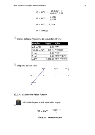 Hélio Ramalho - Inteligência Financeira HP12C 58
VP = 367,21 .
(1+0,05)3
- 1
(1+0,05)3 .
0,05
VP = 367,21 .
0,1576
0,0579
VP = 367,21 . 2,7219
VP = 1.000,00
Usando as teclas financeiras da calculadora HP12C:
FUNÇÃO VISOR AÇÃO
42Af 34DFIN 0,00 0,00
367,21 14APMT 367,21 Prestação
3 11An 3,00 Prazo
5 12Ai 5,00 Taxa de juros
13APV -1.000,00 Valor Presente
Diagrama do cash flow:
367,21 367,21
-1.000,00
367,21
VP 1 2 3
20.2.4. Cálculo do Valor Futuro
15A
A fórmula da prestação é mostrada a seguir:
VF = PMT .
(1+i)n
- 1
i
FÓRMULA: VALOR FUTURO
 