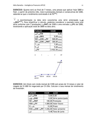 Hélio Ramalho - Inteligência Financeira HP12C 81
EXERCÍCIO: Quanto terá ao final de 7 meses, uma pessoa que aplicar hoje $800 e
fizer, a partir do próximo mês, mais 6 prestações mensais e consecutivas de $300,
sabendo-se que o rendimento contratado é de 9%MÊS
?
A movimentação na data zero caracteriza uma série antecipada (43Ag
17GBEGINÍCIO
). Para simplificar o cálculo, podemos considerar o exemplo como uma
série uniforme com 7 prestações (14APMT) de $300 e uma entrada (15APV) de $500,
totalizando a aplicação total de $800 na data zero.
FUNÇÃO VISOR
42Af 34DFIN 0,00
43Ag 17GBEG 0,00 BEGIN
500 16ACHS 15APV -500,00 BEGIN
300 16ACHS 14APMT -300,00 BEGIN
7 11An 7,00 BEGIN
9 12Ai 9,00 BEGIN
15AFV 3.922,56 BEGIN
-800,00
-300,00 -300,00 -300,00
3.922,56
0 1 ... 7 VF
EXERCÍCIO: Um título com renda mensal de $100 com prazo de 12 meses e valor de
resgate de $1.000 foi negociado por $1.036. Calcular a taxa mensal de rendimento
do investidor.
FUNÇÃO VISOR AÇÃO
42Af 34DFIN 0,00 0,00
43Ag 17GEND 0,00 Série postecipada
100 14APMT 100,00 Prestação
1000 15AFV 1.000,00 Valor futuro
12 11An 12,00 Prazo
1036 16ACHS 15APV -1.036,00 Valor presente
12Ai 9,48 Taxa de juros
 