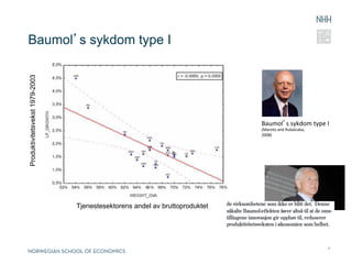 Baumol’s sykdom type I
Produktivitetsvekst 1979-2003




                                                                             Baumol’s	
  sykdom	
  type	
  I	
  
                                                                             (Maroto	
  and	
  Rubalcaba,	
  	
  
                                                                             2008)	
  




                                Tjenestesektorens andel av bruttoproduktet




                                                                                                                    4
 